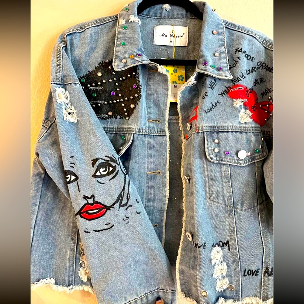 one of a kind embellished jean jacket. Brand new with tags.